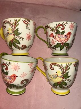 Creative Co-Op Festive Snowflake Mugs in Red with Yellow & Green Trim w/birds